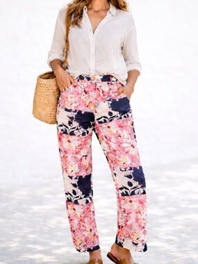 Isla & White Patchwork Floral Straight Leg Pants Resort Print Pink Black Medium